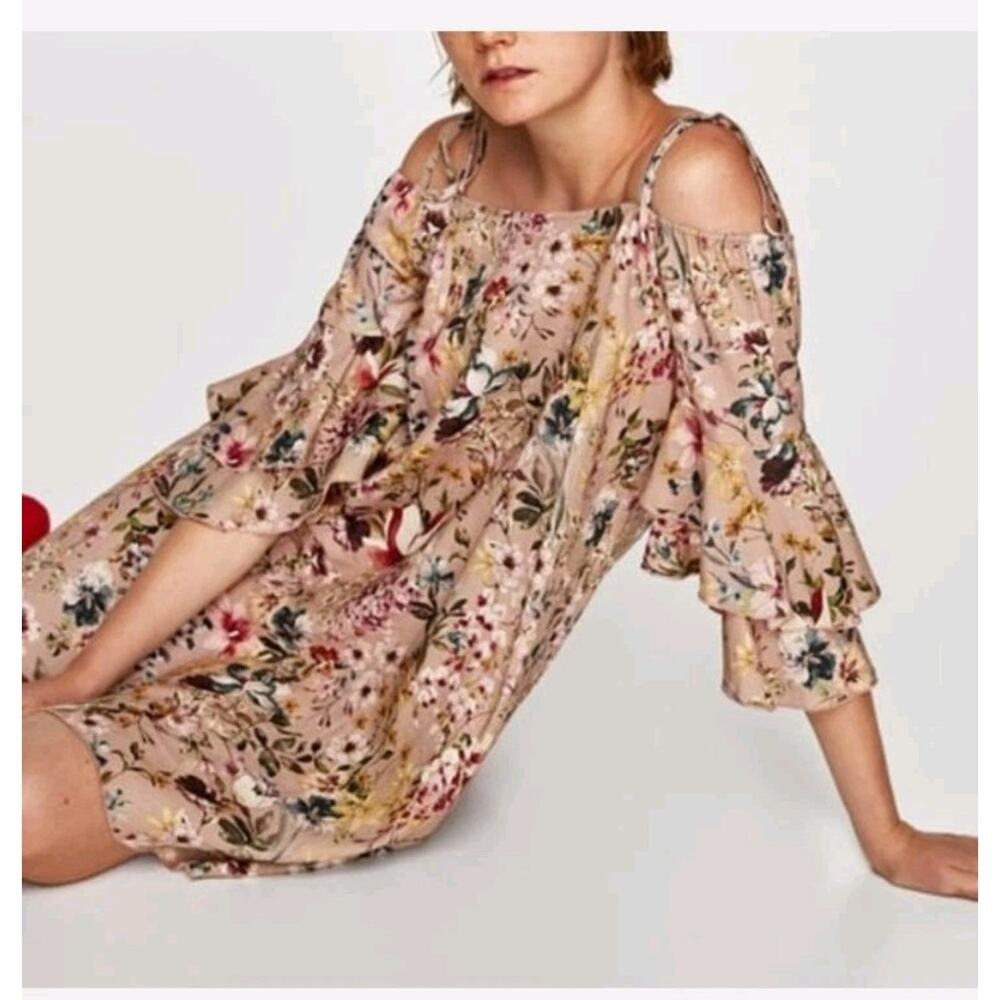 Zara floral Linen Mini Dress Off The Shoulder Tan Dusy Rose Size M New